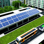 **Image Prompt:** A vibrant, modern cityscape scene illustrating sustainable infrastructure. Solar panels on building roofs, a green public park with water conservation systems, and modern public transportation (buses, trains) are visible. The image should convey a sense of financial stability and environmental responsibility.