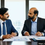 Home 22 지방재정 전문가로서의 성공 스토리 - A professional Urdu-speaking financial advisor consulting with a middle-aged South Asian man in a mo...