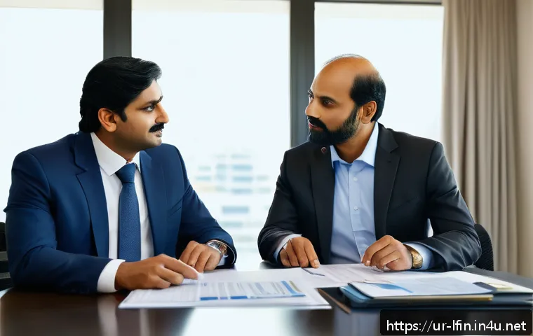 지방재정 전문가로서의 성공 스토리 - A professional Urdu-speaking financial advisor consulting with a middle-aged South Asian man in a mo...