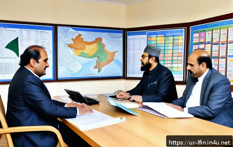 지방재정에서 재정 분권의 역할 - A detailed urban local government office scene in a Pakistani city, showing diverse officials in tra...