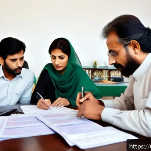 Home 17 지방재정전문가 준비 중점 과목 - A professional Pakistani family sitting around a wooden table covered with neatly organized financia...